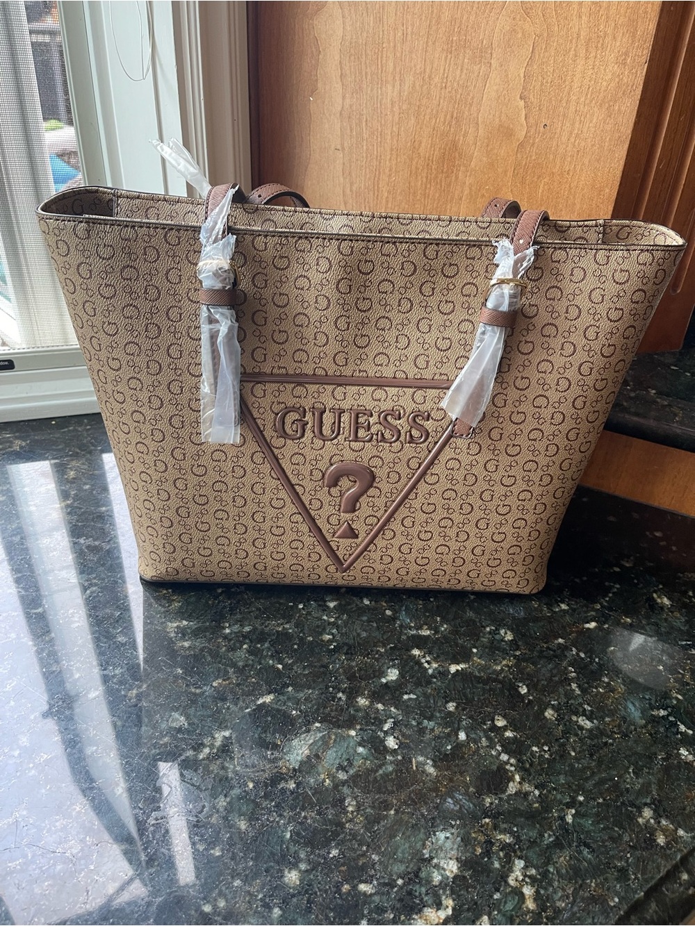 GUESS Tan/Brown Signature Logo Tote with Triangle Emblem